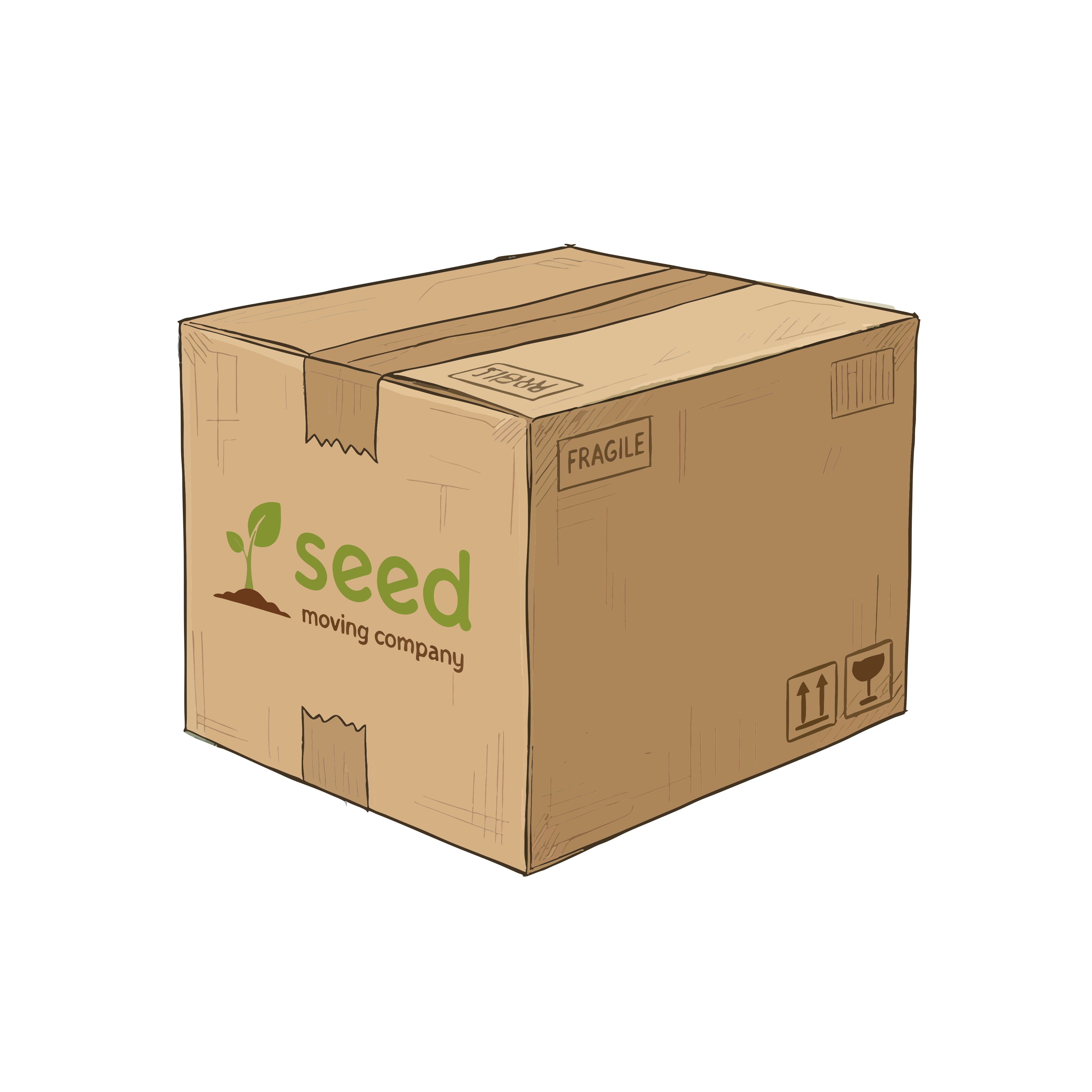 Hand-drawn illustration of a Seed Moving Company cardboard box labeled FRAGILE.